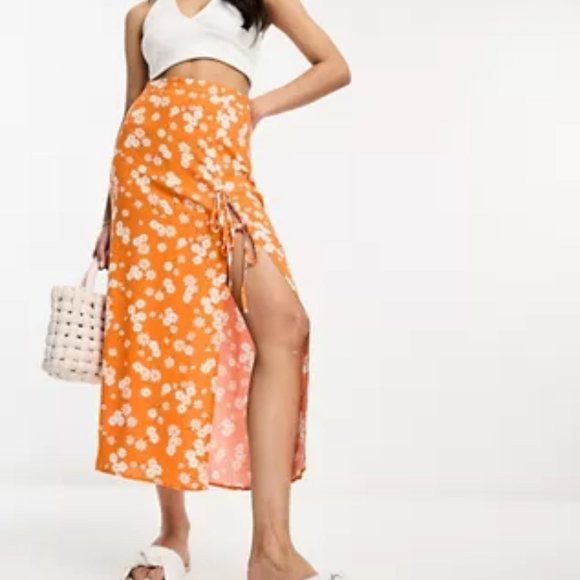 ASOS DESIGN orange ditsy floral midi skirt/NWOT/Size 4 US - Picture 1 of 15